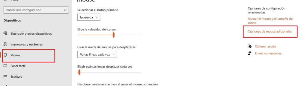 En el apartado "Mouse" amos a opcions de mouse adicionales