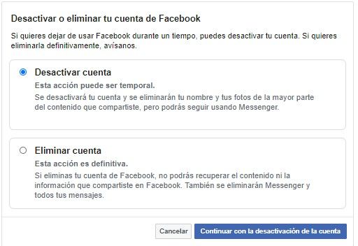 Desactivar o eliminar cuenta de Facebook.