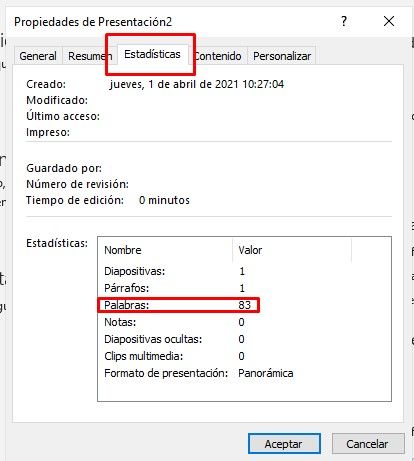 Propiedades avanzadas en PowerPoint. De esta forma podemos saber la cantidad palabras de una presentación de PowerPoint