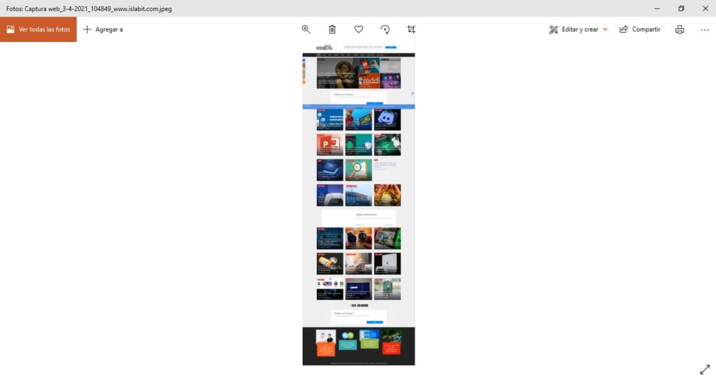 Resultado de la captura de pantalla de una página completa en Edge.