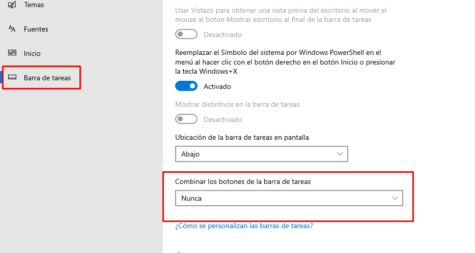 Combinar los botones de la barra de tareas.