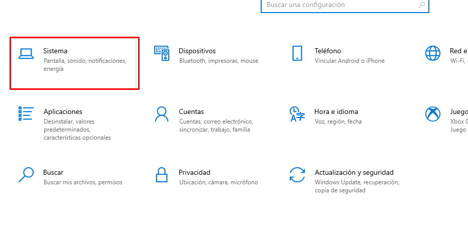 Sistema en Configuración de Windows.