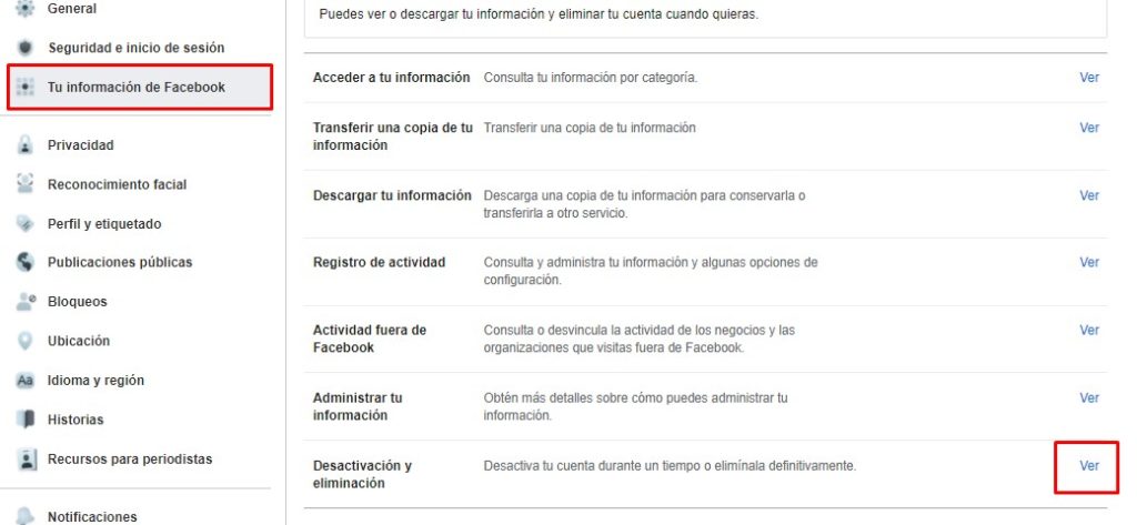 Desactivación o eliminación de una cuenta de Facebook.