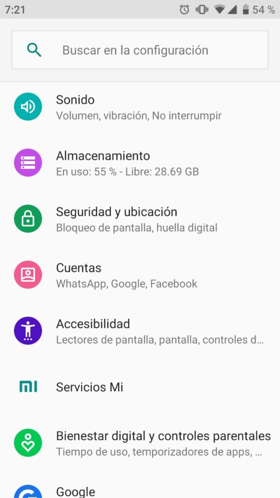 Menú de ajustes de Android.