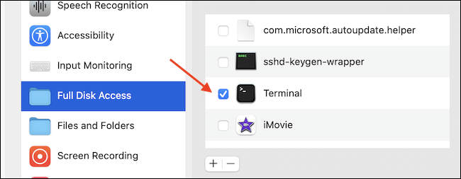 Le damos a Terminal el acceso completo al disco