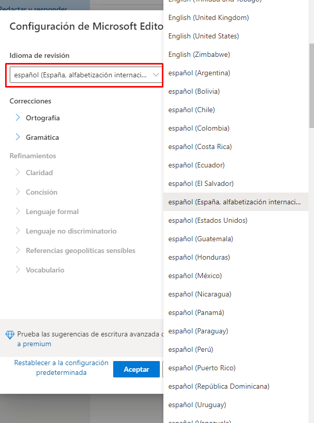 Idioma de revisión. Aquí podemos cambiar el idioma del corrector ortográfico de Outlook