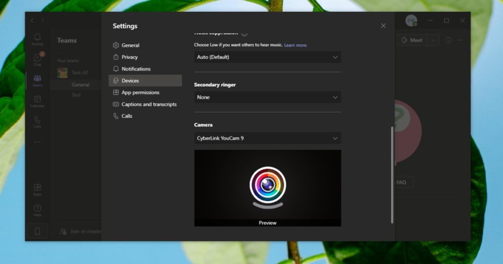 Configuración de la cámara en Teams.