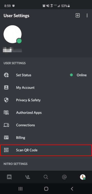 Escanear un código QR en Discord.