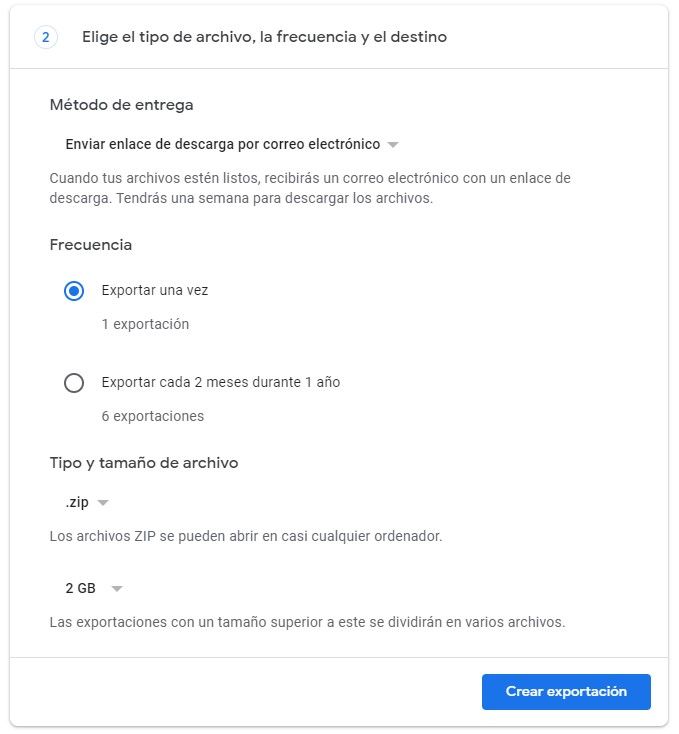 Elegimos la forma en que vamos a descargar las fotos de Google Photos