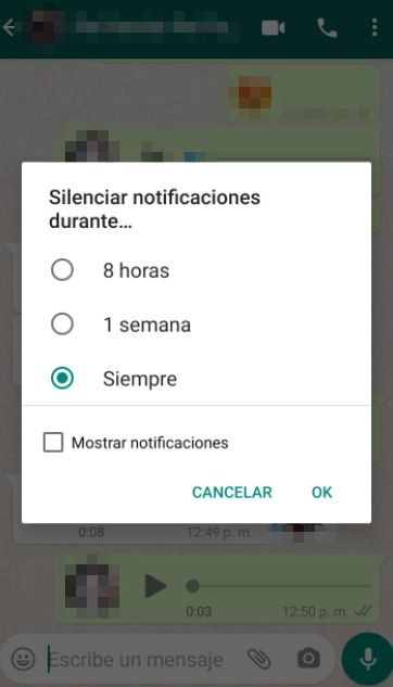 Silenciar notificaciones de WhatsApp.