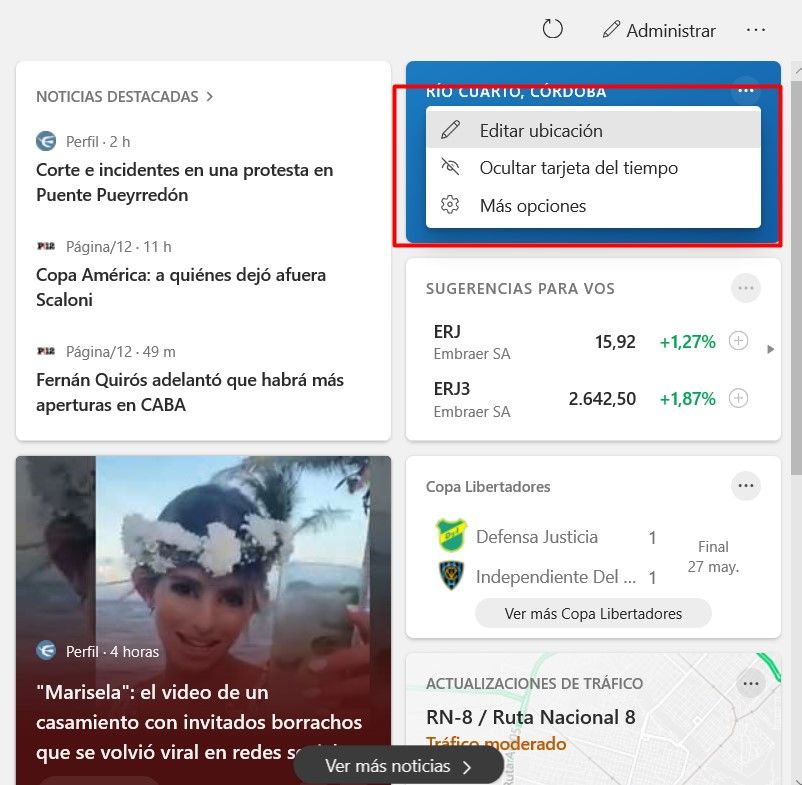 Editar ubicación en el widget. De esta forma vamos a conseguir personalizar el widget de noticias e intereses de Windows 10.