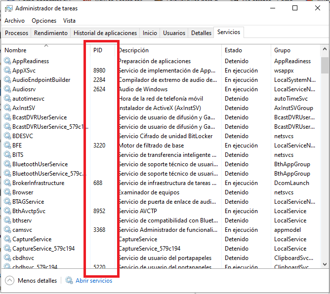 Cómo identificar ID de servicios en Windows.