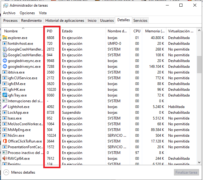 Encontrar PID de aplicaciones o procesos.