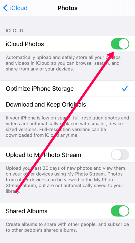 Activamos la sincronización de fotos con iCloud.