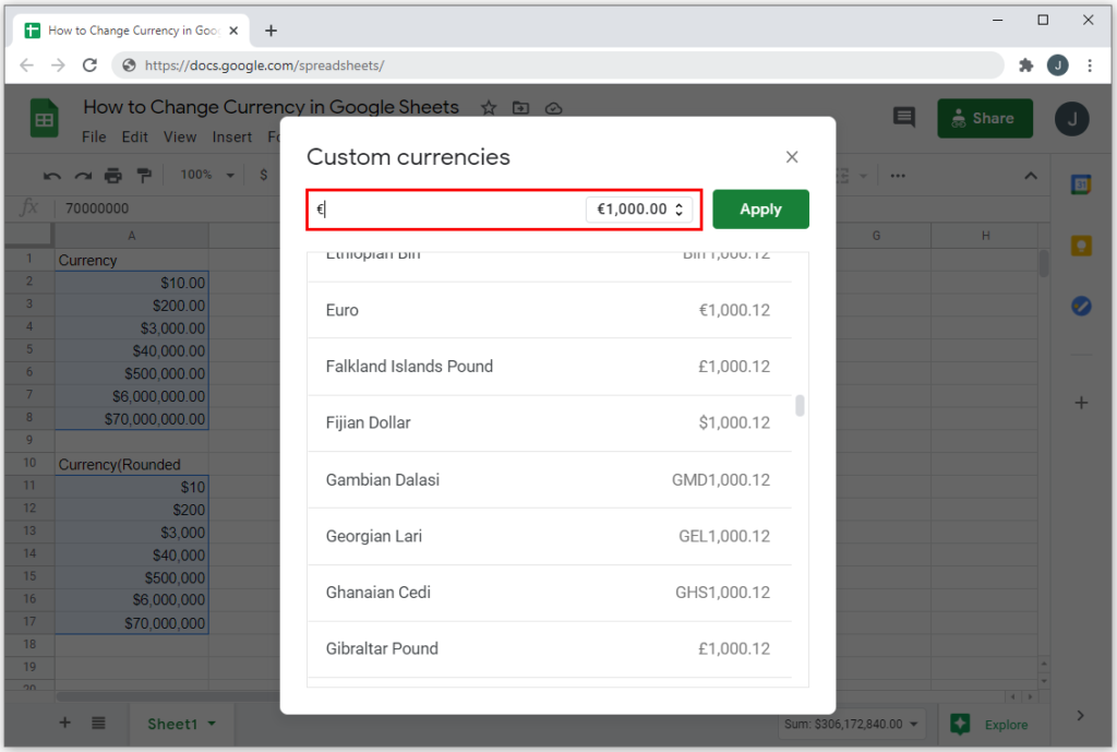 cambiar moneda Google Sheets 3