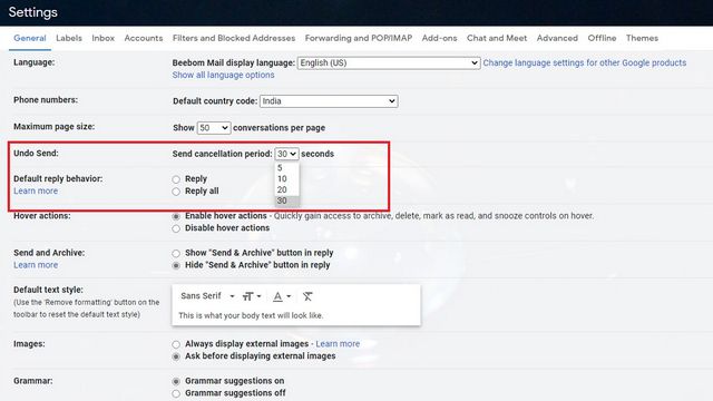 Configurar el periodo de tiempo para poder recuperar correo electrónico enviado en Gmail.