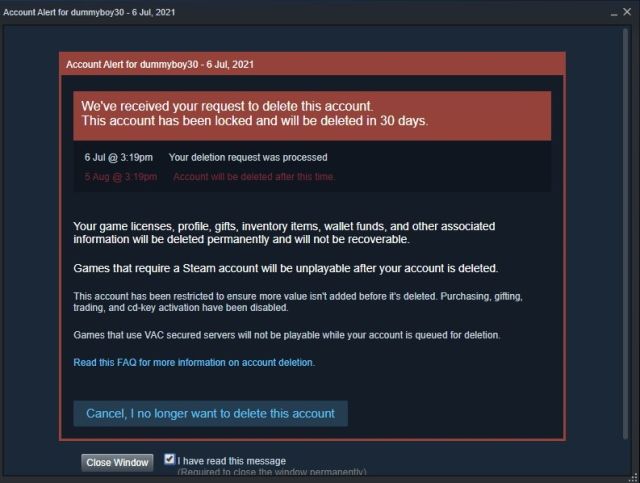 La cuenta quedara bloqueada por 30 días y de esta forma podemos eliminar cuenta Steam siempre.