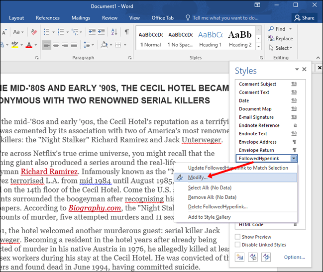 Clic en la opción modificar para poder cambiar el color de todos los enlaces en Word.