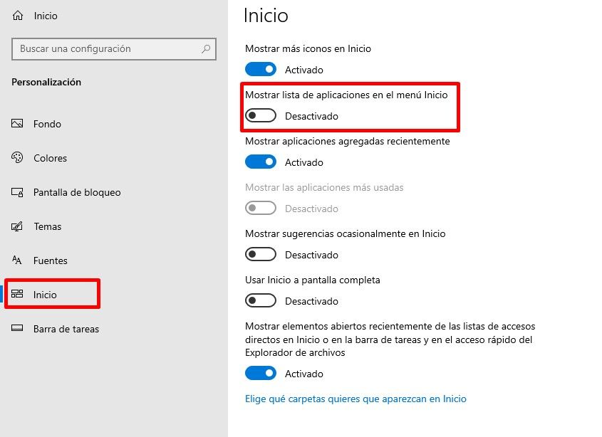 Desactivar la lista de aplicaciones en el menú de inicio.