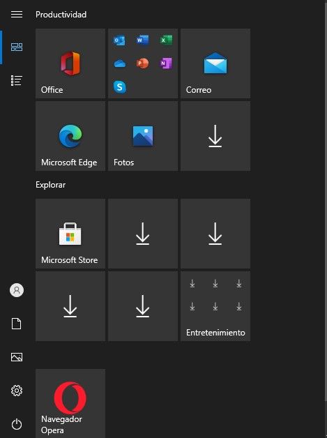 Menú de inicio sin las apps en Windows 10 y 11.