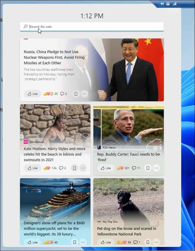 Widgets de Noticias e intereses en Windows 11.