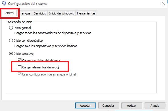 Desmarcar carga de elementos de inicio.