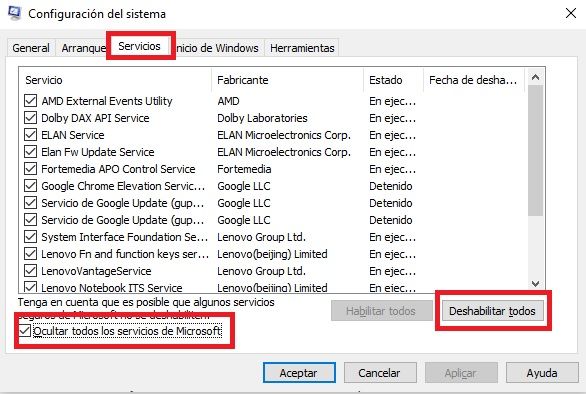 Deshabilitar todos los servicios de Microsoft.