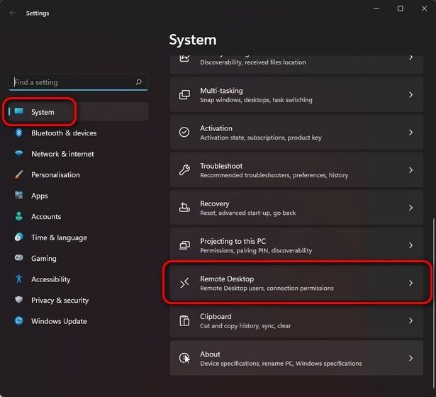 Habilitar escritorio remoto Windows desde la Configuración.