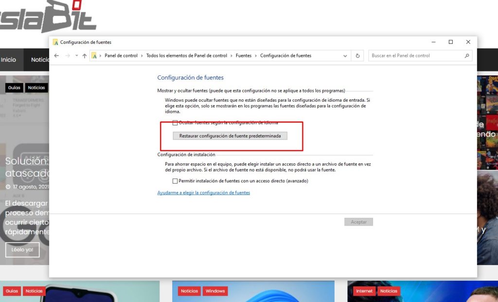 Al restaurar la configuración predeterminada conseguimos reparar fuentes dañadas Windows