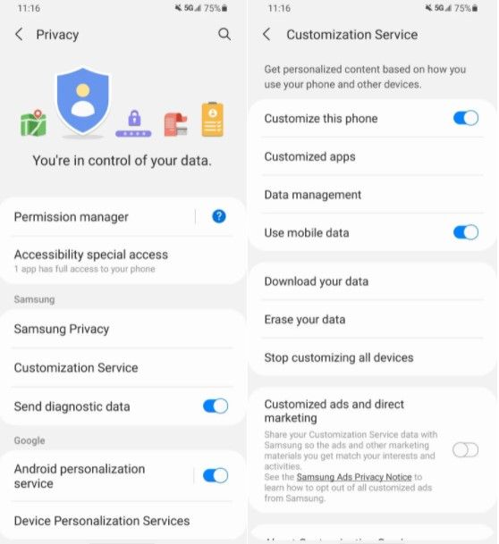 Servicios de personalización en teléfono Samsung.