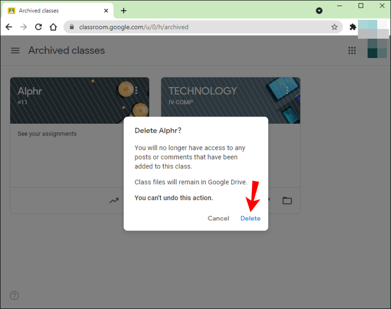 Así podemos eliminar clase Google Classroom.