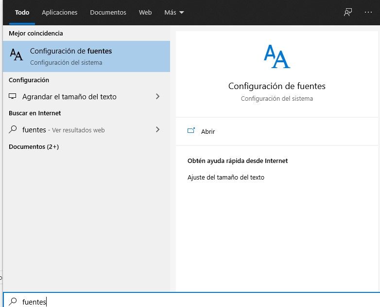 Configuración de fuentes de Windows 10.