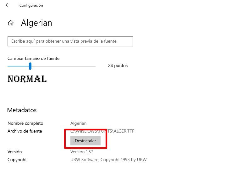 Desinstalar fuentes en Windows 10.