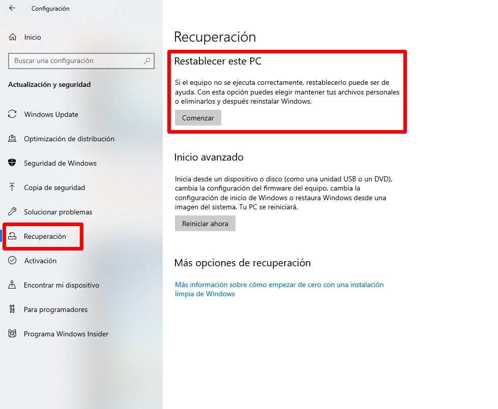 Restablecer PC para solucionar error barra tareas congelada