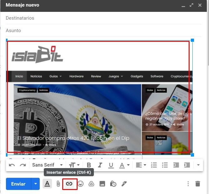 Añadir enlace a una imagen en Gmail.