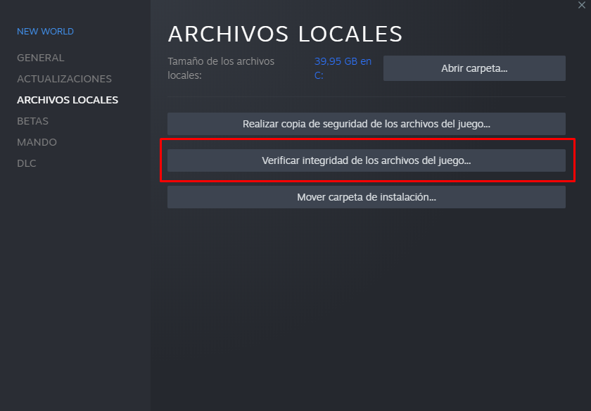 Verificar integridad de los archivos del juego.