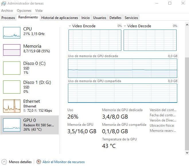 Verificar la temperatura de la GPU desde el Administrador de tareas.