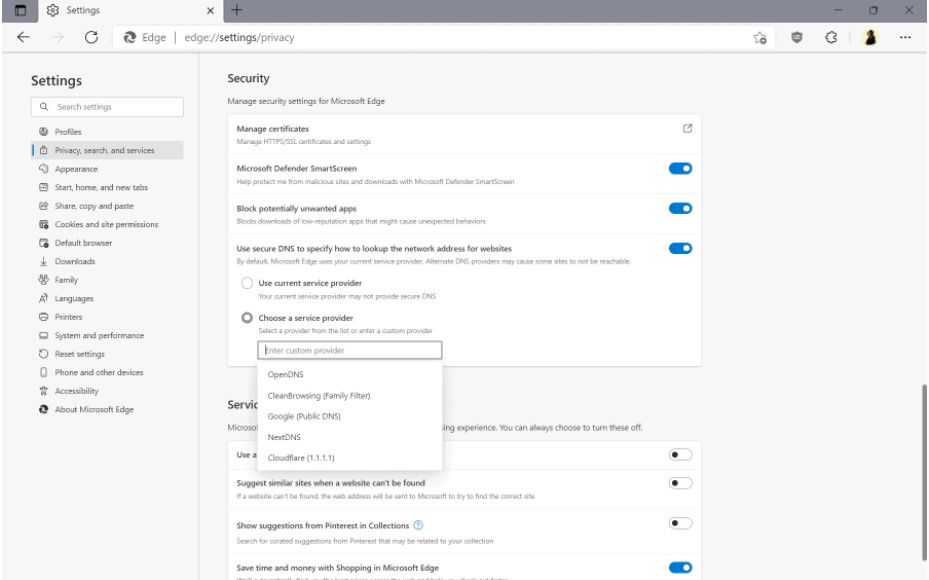 DNS sobre HTTPS en Microsoft Edge.