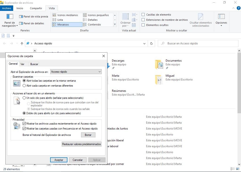 ocultar archivos recientes Windows 2