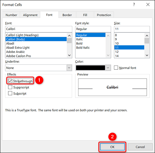 Tachar texto en Excel desde las opciones de fuentes.