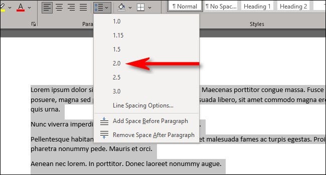 Configurar cantidad de doble espacio en Word.