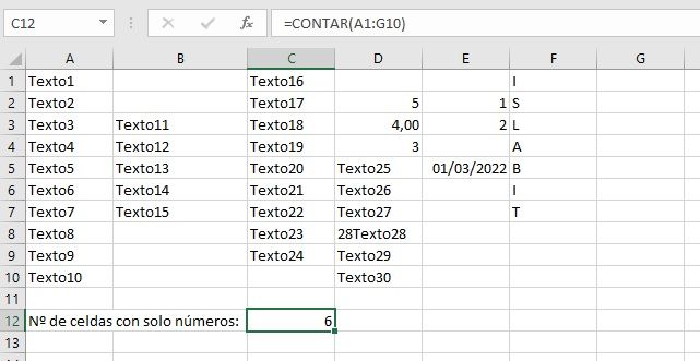 contar celdas con número en excel