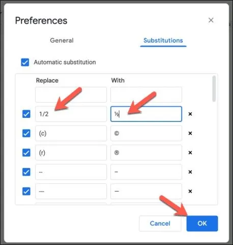 Sustituir por caracteres especiales para las fracciones en Google Docs.