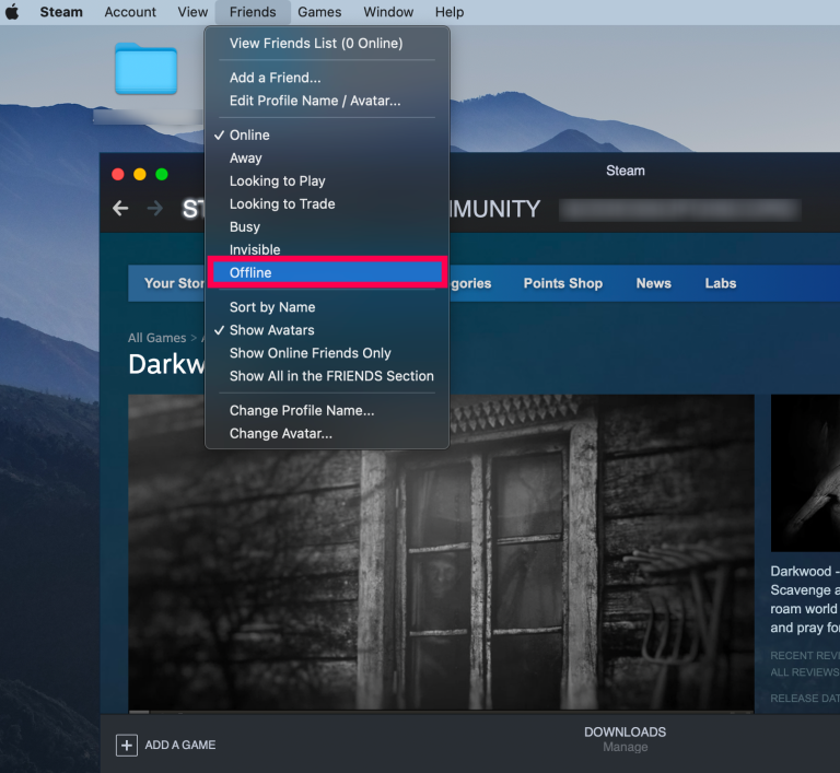 Modo fuera de línea en Steam para Mac.