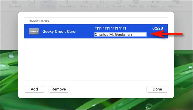 Editar tarjeta de crédito o débito guardada en Safari para Mac.