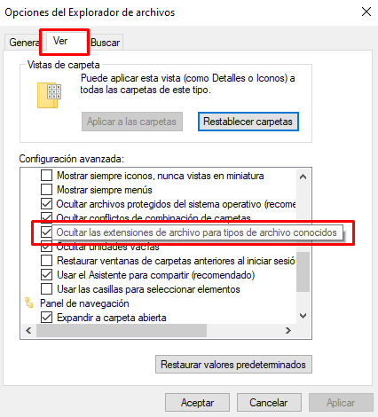 Ver extensiones desconocidas en Windows.