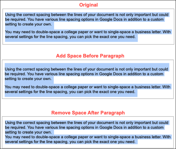 Ejemplo de cambiar el espacio entre líneas en Google Docs.