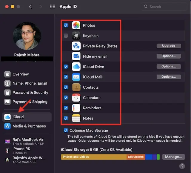 Desactivar sincronización de aplicaciones en Mac.