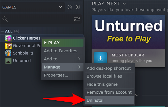 Desinstalar juego desde Steam.