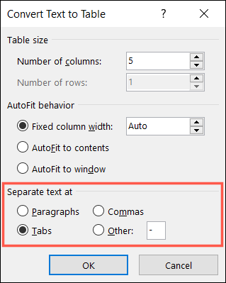 Configuración de la tabla.